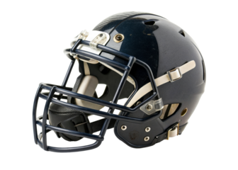 Dark blue American football helmet with a protective face mask and chin straps, perfect for sports media and equipment themes