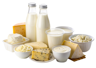 Abundant dairy assortment including milk bottles, various cheeses, yogurt, and butter for healthy eating and gourmet cooking needs