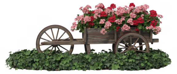 Wooden cart filled with pink and red flowers isolated on a transparent background