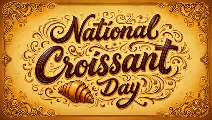 A calligraphic illustration celebrating national croissant day with a golden background and decorative elements
