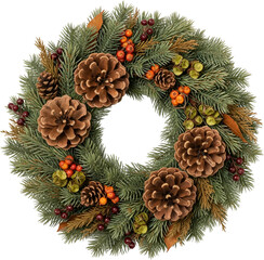 Fototapeta premium Realistic Christmas Wreath with Pine Branches and Red Berries