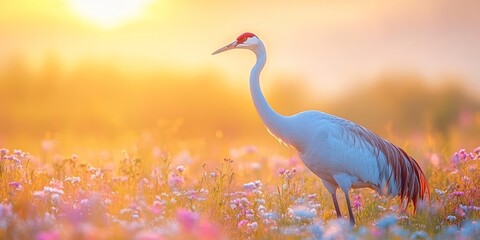 Obraz premium Sandhill crane enjoying golden hour in blooming meadow