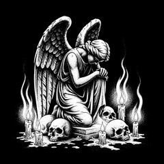 Gothic Angel Statue Surrounded by Skulls and Candles.