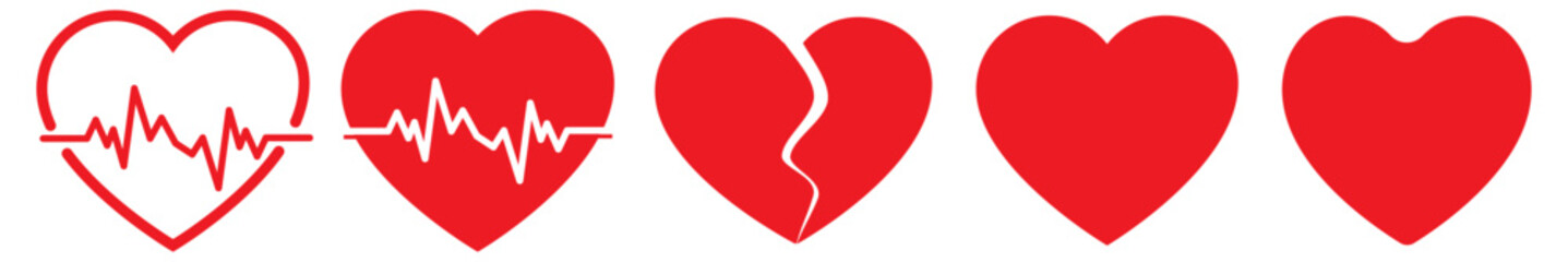 set of red heart icons in various styles plan, heartbeat monitor and broken heart designs. Perfect for valentine day, love themes, health, medical and relationship. Heart icon vector.