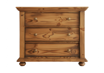 Wooden dresser with three drawers and brass knobs isolated on a transparent background 1
