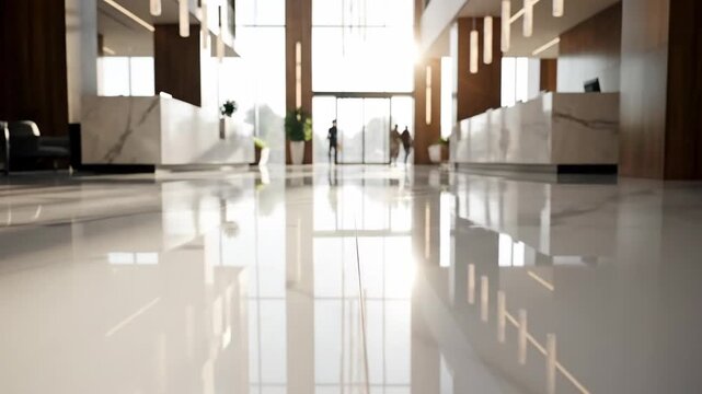Modern Hotel or Office Lobby with Polished Floors and Bright Natural Light.