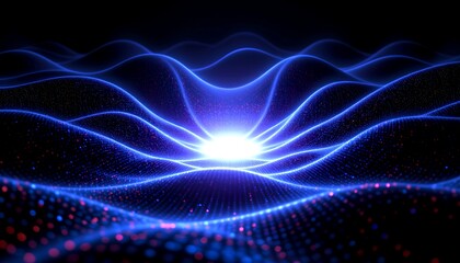 Abstract digital landscape with glowing blue lines and dots, creating a sense of energy and technology. The lines resemble waves, with a bright light in the center