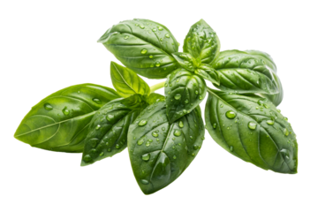 Fresh green basil leaves glistening with water droplets, perfect for culinary use and representing healthy cooking.