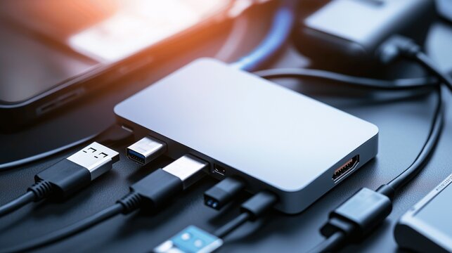 
Sleek USB hub with multiple ports connected to various devices, showcasing modern design and functionality in a tech-focused setup.