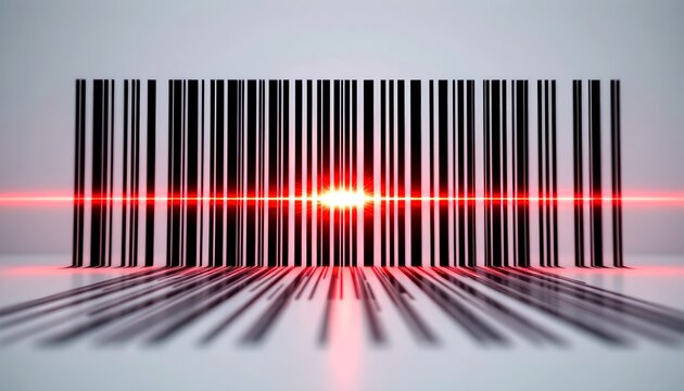 A close-up view of a barcode being scanned by a red laser