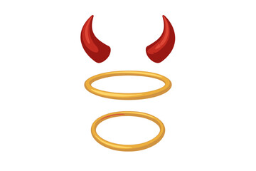 Shiny golden halos and bright red devil horns symbolizing the duality of good and evil