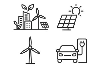 Sustainable energy and eco-friendly technology symbols featuring solar power, wind turbines, electric vehicle charging