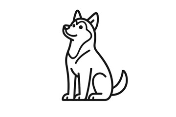 Simple black and white line art of a sitting Siberian Husky dog looking up