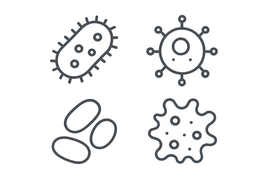 Outline symbols depicting microscopic bacteria, viruses, germs, and protozoa organisms