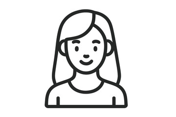Minimalist black outline portrait of a smiling young woman's head and shoulders