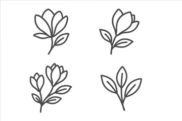 Four minimalist line art floral icons featuring blooming flowers and leaves on stems