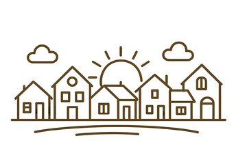 Simple outline drawing showing a row of suburban residential houses under the sun and clouds