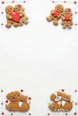 Valentine's Day gingerbread cookies frame with loving couples and pets on white background. Cute dog, cat, man and woman characters holding red hearts with vertical copy space.