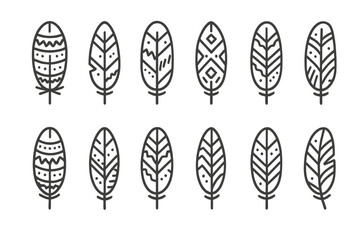 Twelve stylized decorative feathers featuring ethnic and tribal patterns in outline style