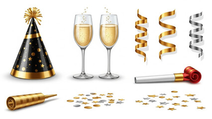 Realistic New Year Party Object Set with Black and Gold Hat, Champagne Glasses, Confetti, and Ribbons Vector Illustration