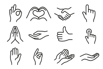 Obraz premium Outline icons of common human hand gestures, signals, and communication signs