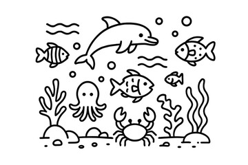 Dolphin octopus crab and tropical fish marine life set swimming underwater