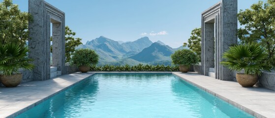 Private terrace on swimming pool with mountain view, Natural style decoration.