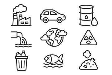 Global warming and environmental pollution ecological hazards icon set