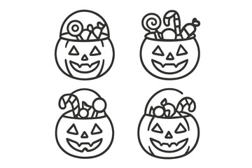 Four simple line art icons of smiling jack-o'-lantern buckets overflowing with assorted Halloween candy and sweets