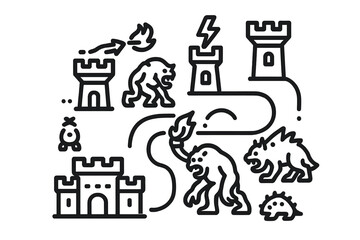 Fantasy game elements outline icons set featuring medieval castles and mythical creatures