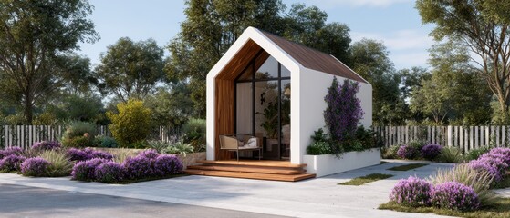Modern contemporary cute tiny house exterior surrounded by nature, Show house or Cafe House
