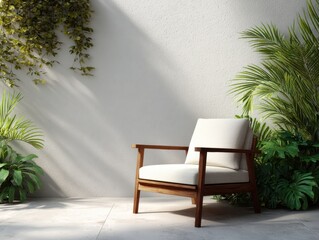 Outdoor wooden chair against a clean concrete wall.