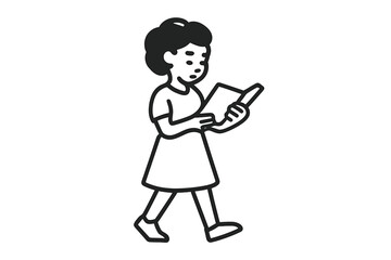 Minimalist black and white outline of a person reading a book while walking