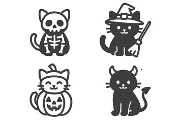 Four cute cartoon cats dressed in various spooky Halloween costumes and outfits