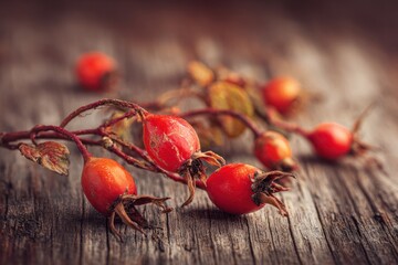 Rustic Red Rose Hips on Aged Wood