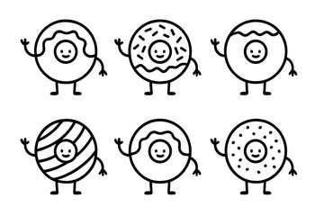 Set of six adorable smiling donut characters with arms and legs and various toppings
