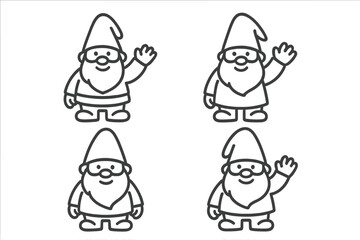 Cute garden gnomes in simple outline style standing and waving in a seamless repeating pattern
