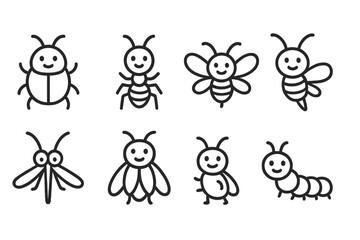 Set of simple black outline icons featuring various cute smiling insects and bugs