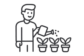 Smiling person using a watering can to nourish young potted plants for growth and care