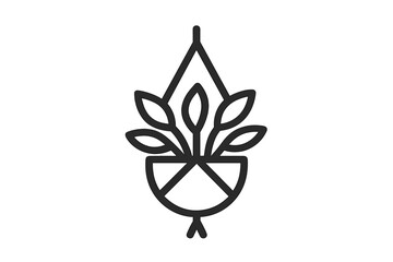 Simple outline drawing of a potted houseplant hanging in a decorative macrame planter for home decor