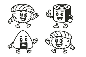Happy cartoon sushi and rice ball characters set with smiling faces © Andrei