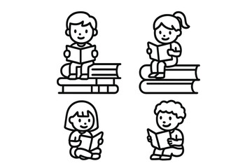 Four simple outline icons depicting children engaged in reading books