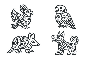 Four stylized tribal animals set including exotic birds armadillo and dog