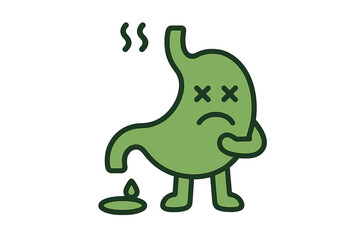 Sick stomach organ mascot with bad odor and unhappy expression on white background