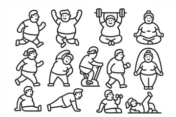 Diverse overweight people performing various fitness and exercise activities