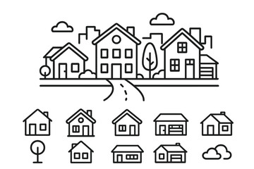 Minimalist outline of residential houses, suburban neighborhood street view, and real estate concepts