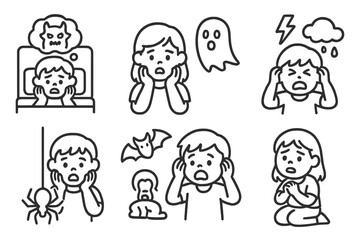 Children experiencing common fears and phobias visualized through simple icons
