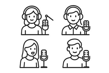 Simple line icons of male and female podcasters or broadcasters with microphones and headphones
