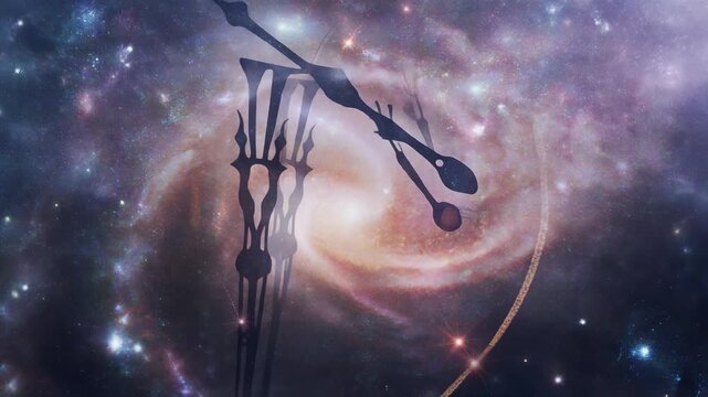 Abstract Macro Shot: Skeletal Clock Hands Stationary Against A Vibrant Cosmic Nebula, Symbolizing Infinite Time and Space.