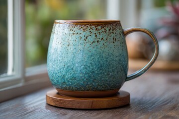 speckled teal pottery mug on wooden coaster